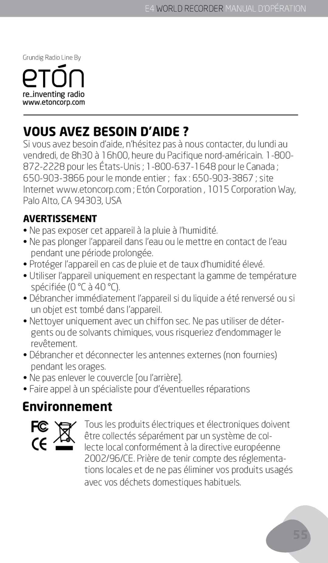 Eton E4 owner manual Vous Avez Besoin D’AIDE ?, Environnement 